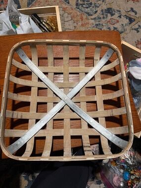 Natural Wood Woven Tobacco Basket with Metal Cross Braces - Natural